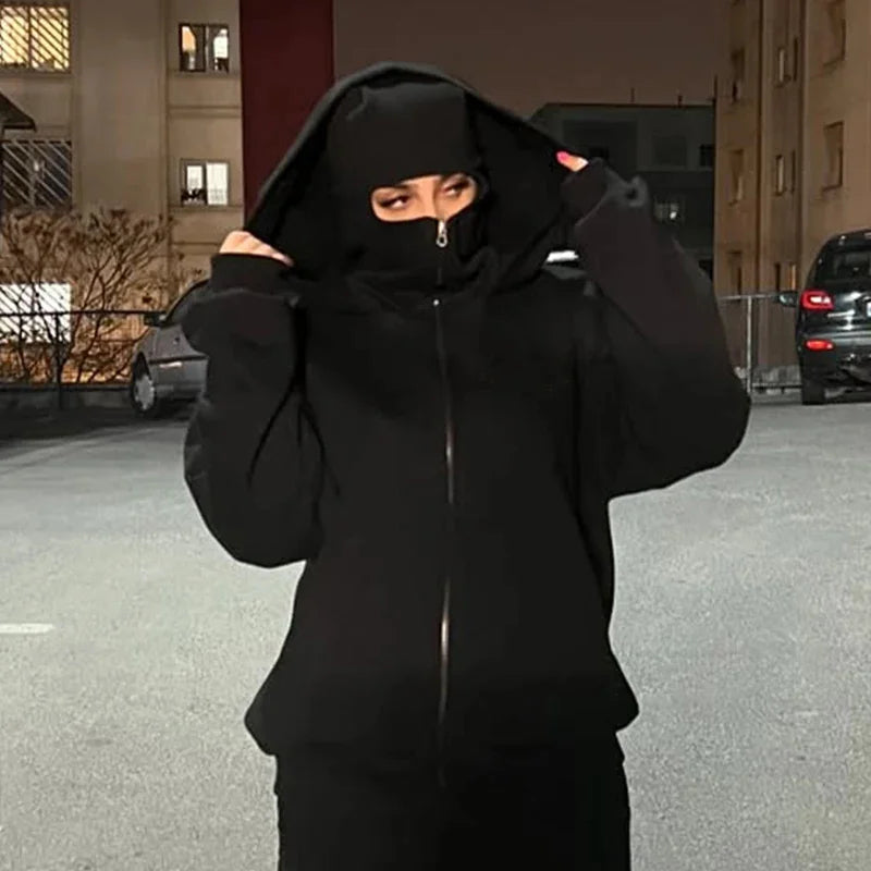 Men and women Balaclava Y2K Gothic Harajuku winter new item double hooded sweatshirt men's hooded mask zipper sportswear
